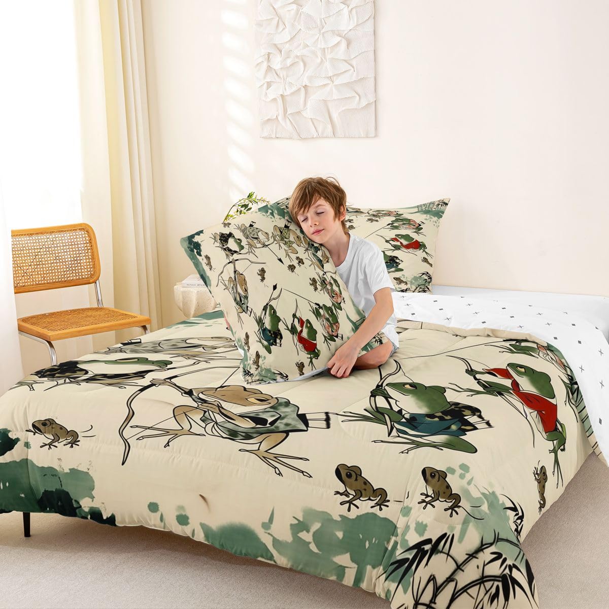jejeloiu Funny Frog Bedding Set Soft for Boys Girls, Japanese Comforter Set Queen Size Asian Style Duvet Quilt Microfiber Animal Print Bedroom Decor 3 Pcs with 2 Pillow Cases