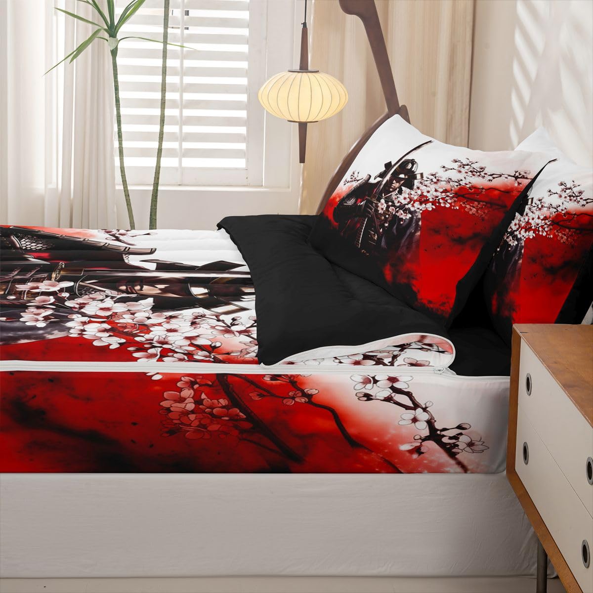 Erosebridal Japanese Samurai Zip Up Bedding Comforter Sets Twin Size, Japan Warrior Comforter in One Zipper - Cherry Blossom Bedding Set with Pillowcases