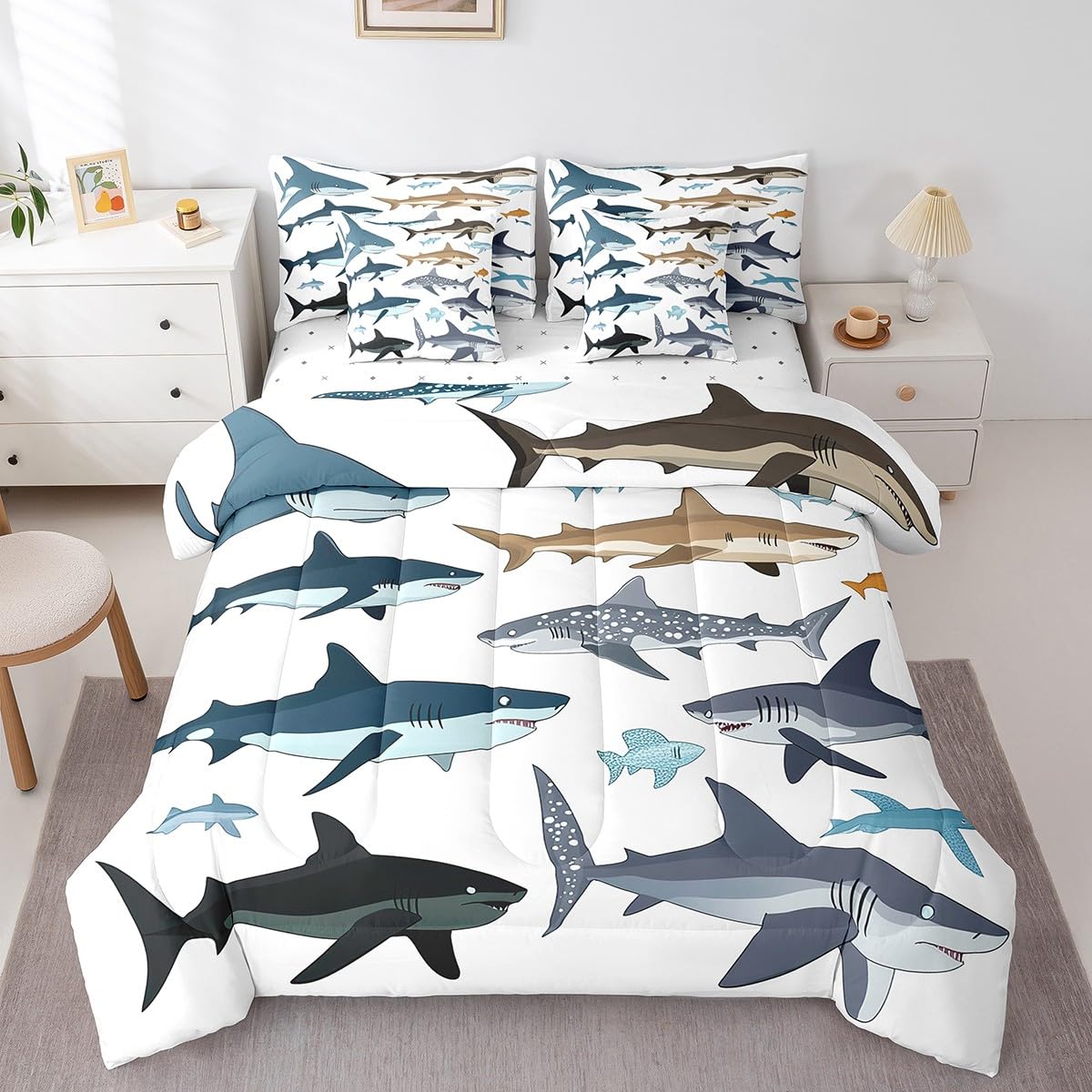 jejeloiu Cute Shark Comforter Set 7 Pieces Full Size Kids Ocean Sea Animal Bed in a Bag for Boys Girls Sea Underwater World Bedding Set Summer,Comforter + Sheets + Pillowcases + Cushion Covers