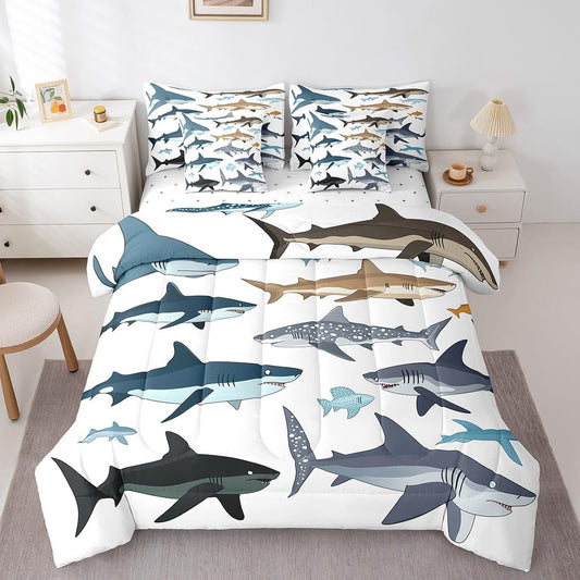 jejeloiu Cute Shark Comforter Set 7 Pieces Full Size Kids Ocean Sea Animal Bed in a Bag for Boys Girls Sea Underwater World Bedding Set Summer,Comforter + Sheets + Pillowcases + Cushion Covers
