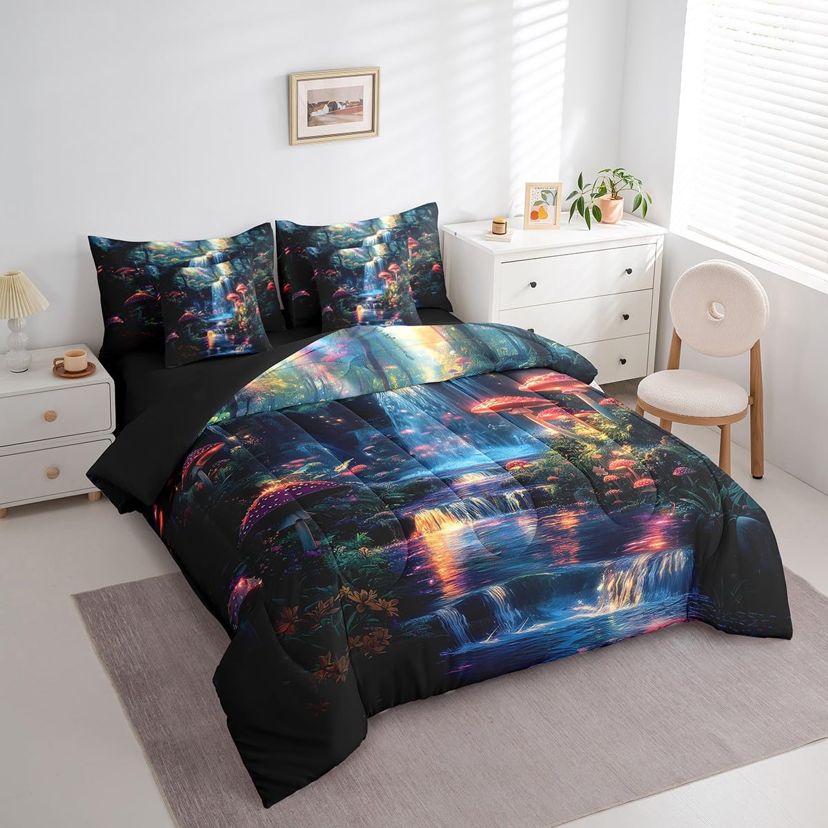 jejeloiu Cute Mushroom Comforter Set with Sheets Twin Size Kids Cartoon Mushrooms Tree 7 Pieces Bedding Set for Boys Girls Teens Waterfall Dreamy Bed in a Bag Breathable Nature Landscape Bed Set