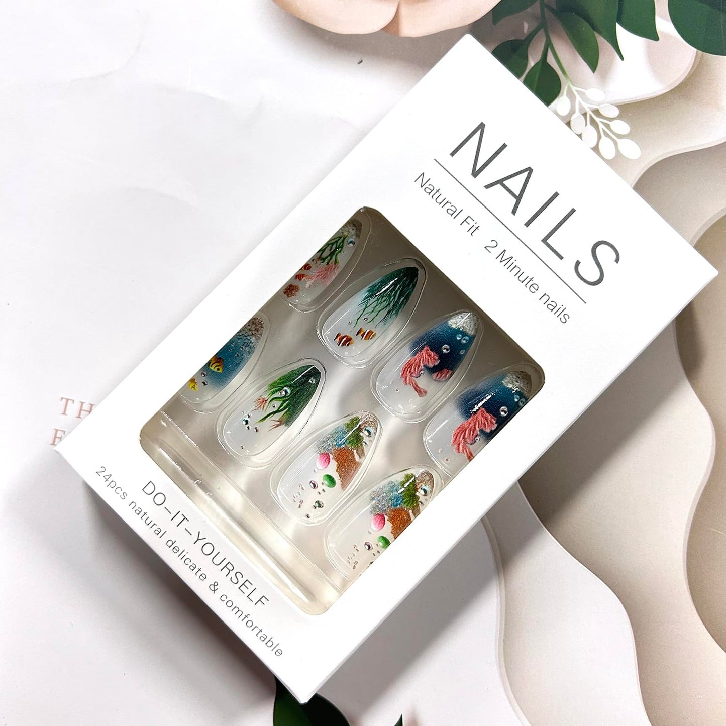 LOPMNGHT Press on Nails Long Length Almond Shaped Seaweed Fish Pattern Design Marine Life Fake Nail Full Cover Glossy Acrylic Artificial Fingernails Reusable French Tip Glue on Nails for Women 24Pcs
