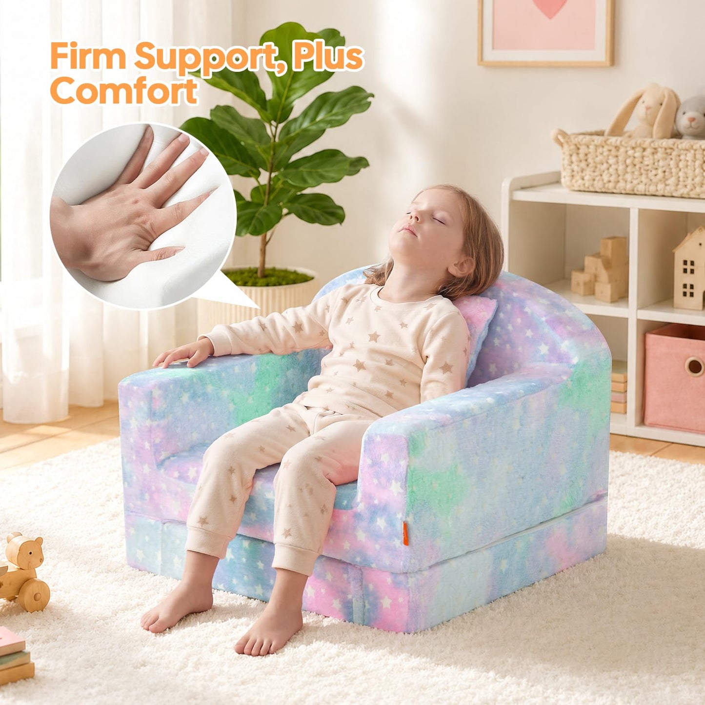 MeMoreCool Glowing Star Kids Chair, 2-in-1 Convertible Kids Couch Fold Out to Lounger, Glow-in-the-Dark Star Sofa for Boys Girls, Soft Foam Flip-Out Seat with Washable Cover