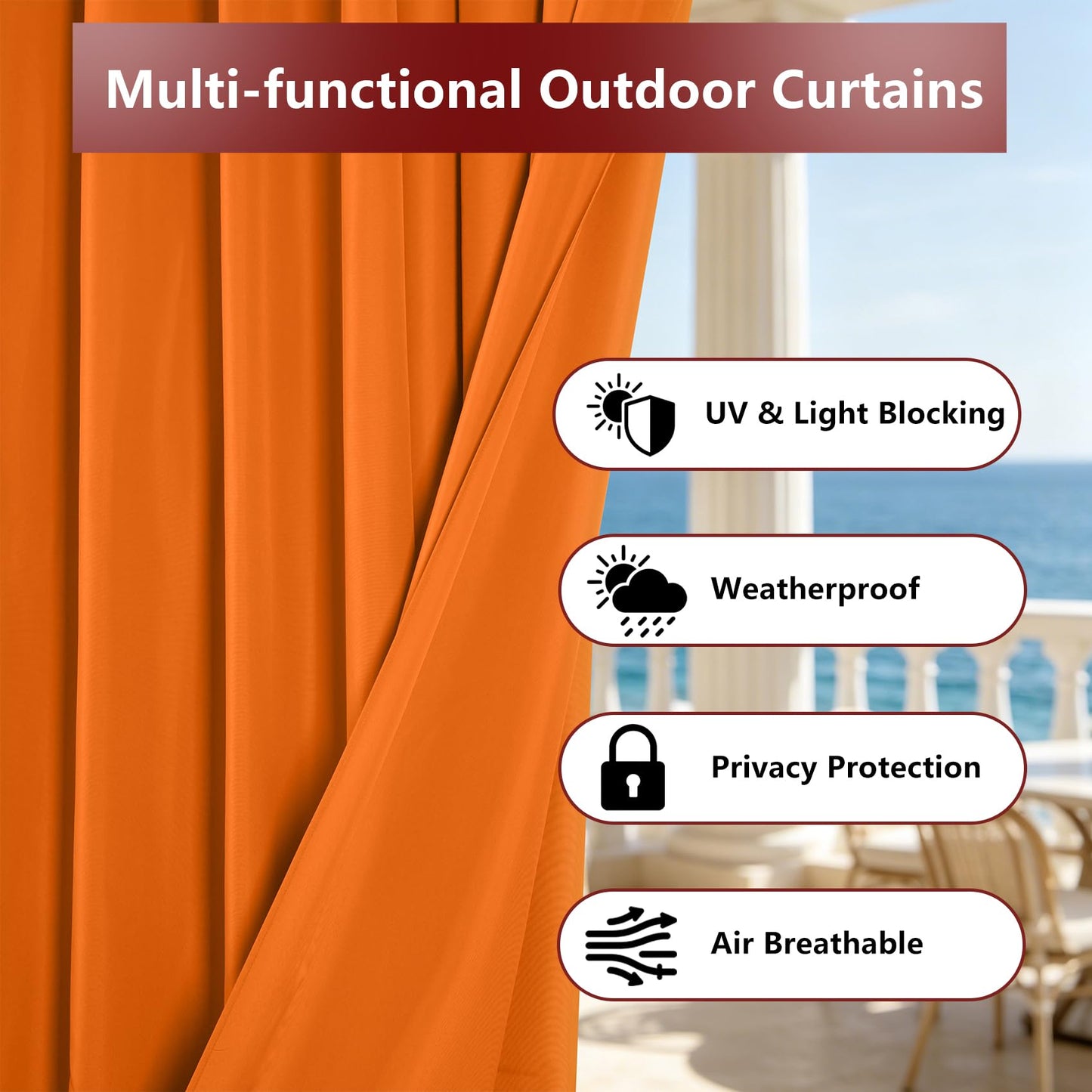 LZY 8 Panels Outdoor Curtains for Patio Waterproof - 52x84 Inches Orange Blackout Curtains, Polyester Weatherproof Privacy Drapes for Patio Porch Gazebo Balcony Deck (Grommet Top)