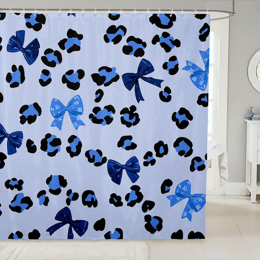 jejeloiu Blue Bow Shower Curtain for Bathroom Decor Cute Bowknot Bath Curtain Leopard Cheetah Print Bathroom Accessories Waterproof Polyester Fabric for Stalls Bathtubs 72"x72"