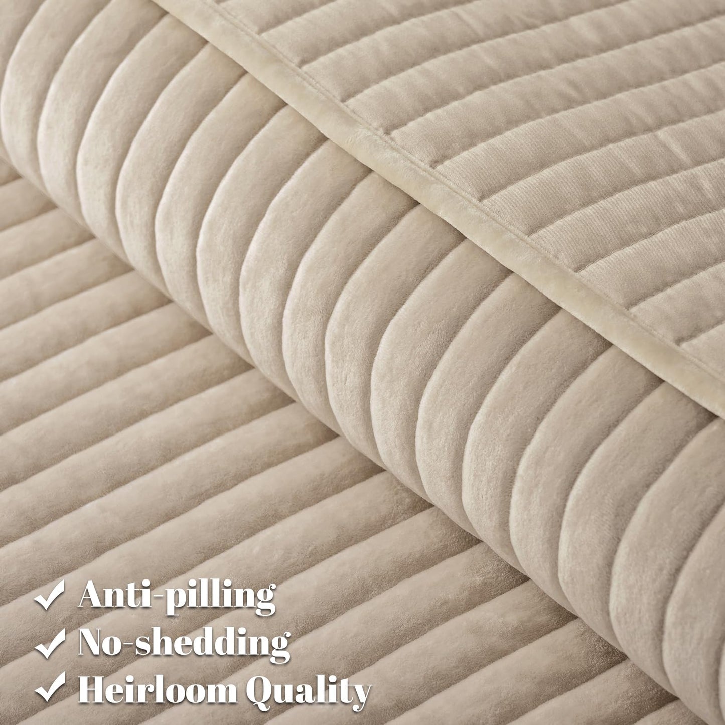 PHF Luxury Velvet Quilt Set Queen Size – 3PCS Ultra Soft Quilted Comforter Alternative with Striped Channel, Cozy Quilted Bedspread, 1 Coverlet with 2 Matching Shams, 90" x 92", Oxford Tan