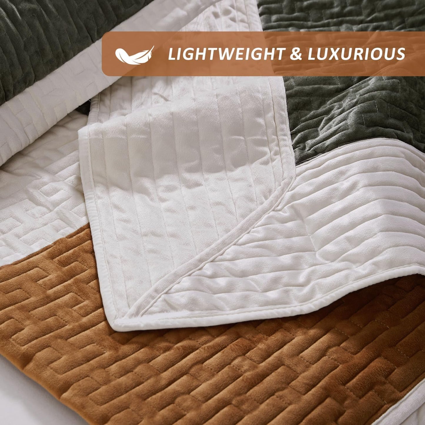 Grassix Velvet Quilt Set Queen Size, 3 Pieces Patchwork Bedspread Coverlet with 2 Pillow Shams for All Seasons, Lightweight Comforter Bedding Set, Green Caramel, 90"x96"