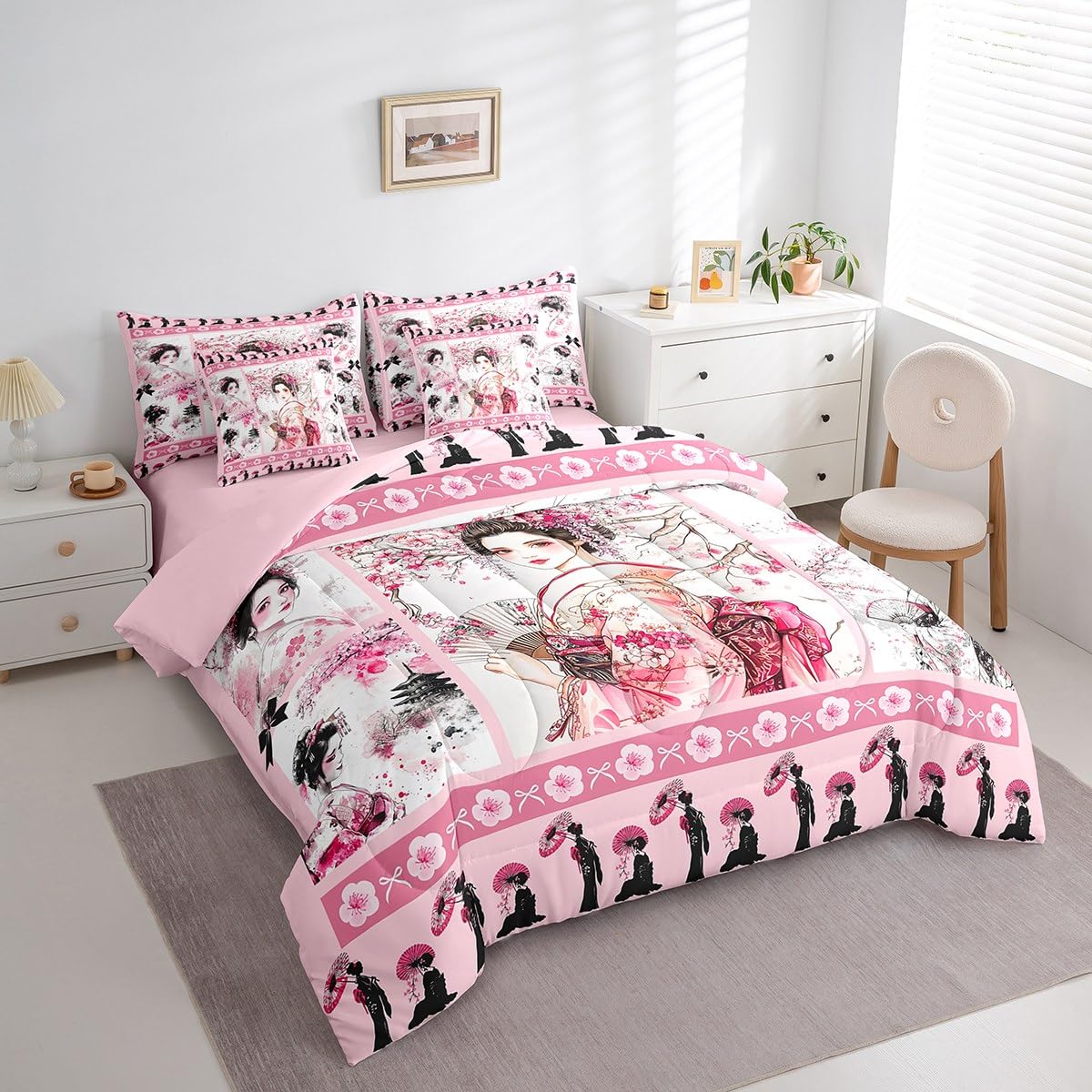 Feelyou Japanese Geisha Comforter Set Twin Size 7 Pieces Cherry Blossoms Kids Boys Girls Bowknot Bedding Set Pink Japanese-Style Plaid Bed in a Bag with Comforter, Sheets, Pillowcases & Cushion Cover