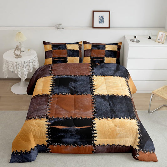 Cow Fur Comforter Set Geometric Plaid Grid Cowhide Comforter Cover for Kids Boys Girls Teens Western Farmhouse Bedding Set Breathable Animal Skin Duvet Set Room Decor Comforter Inner Fill Queen Size