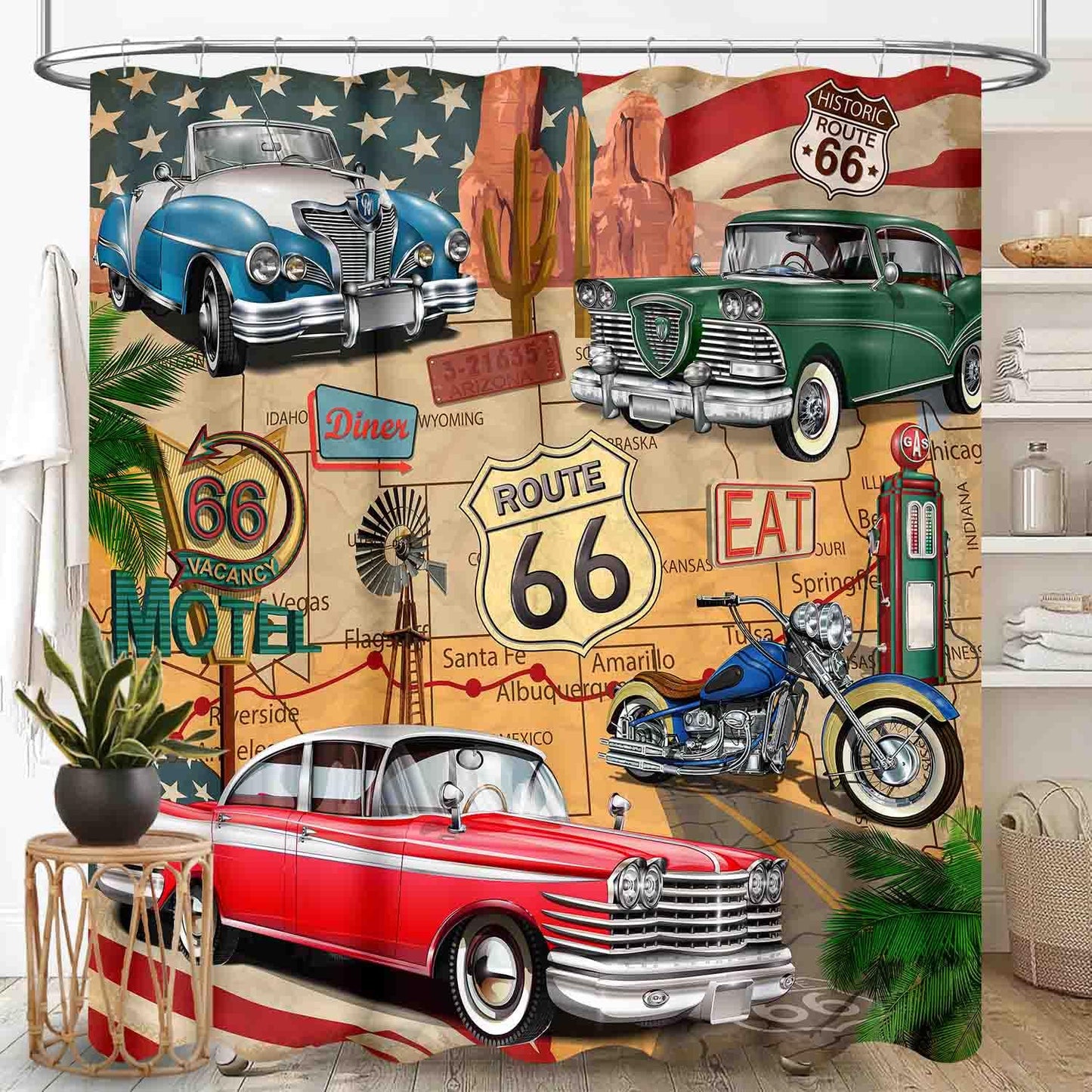 TKUYO Route 66 Road Shower Curtain for Bathroom, Rustic Boys Man Vintage Classic Car Motorcycle Biker Country Western Retro Man Cave Waterproof Fabric Shower Curtain Set with Hooks, 72"x72" Inch