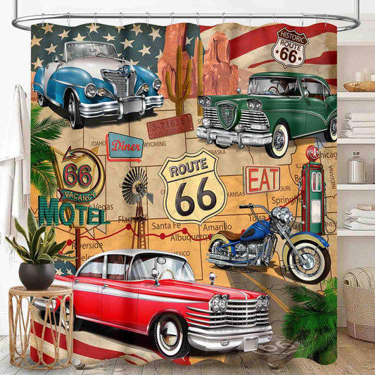 TKUYO Route 66 Road Shower Curtain for Bathroom, Rustic Boys Man Vintage Classic Car Motorcycle Biker Country Western Retro Man Cave Waterproof Fabric Shower Curtain Set with Hooks, 72"x72" Inch