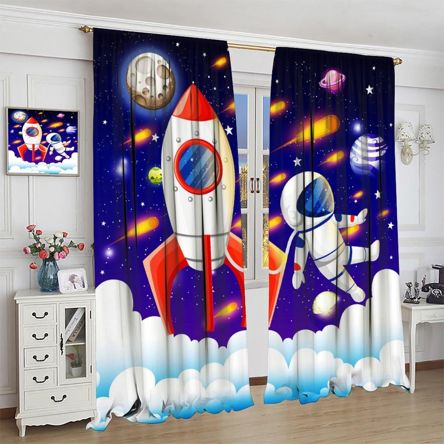 Astronaut Rocket Blackout Curtain for Kids,Cartoon Space Fantasy Universe Solar System Meteorite Planet Earth Galaxy Stars Window Drapes Print for Boys Baby Nursery Bedroom Living Room 63x72inch