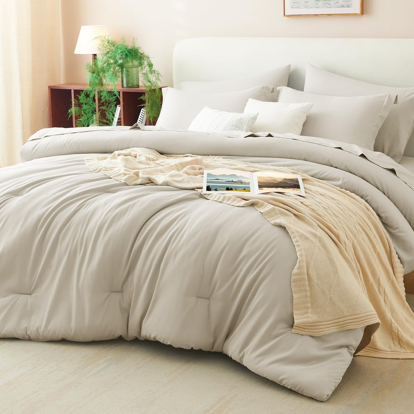 CozyLux Queen Comforter Set Beige, 7 Pieces Bed in a Bag Queen Comforter Set with Sheets, Luxury Soft Bedding Sets with Down Alternative Comforter, Fitted Sheet, Flat Sheet, Pillowcases & Shams