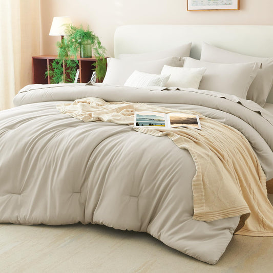 CozyLux Queen Comforter Set Beige, 7 Pieces Bed in a Bag Queen Comforter Set with Sheets, Luxury Soft Bedding Sets with Down Alternative Comforter, Fitted Sheet, Flat Sheet, Pillowcases & Shams