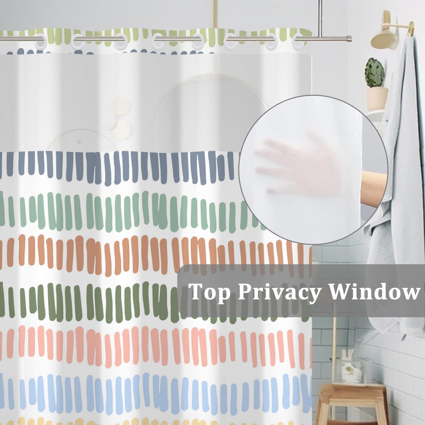 Baocicco No Hook Multicolour Stripe Shower Curtains with Snap-in Fabric Liner Set for Bathroom Rainbow Striped Hotel Shower Curtain and Liner Set See Through Shower Curtain with Window 71x74 Inch