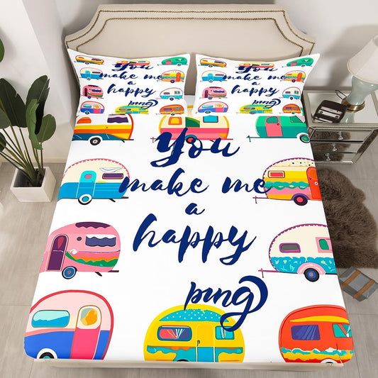 Erosebridal Cars Bedding Set, Happy Camping Bed Sheet Full Size for Kids Teens Adult, Cartoon Pattern Fitted Sheet, Colorful Toy Cars Bed Cover Bedroom Decor with 2 Pillow Cases(No Flat Sheet)
