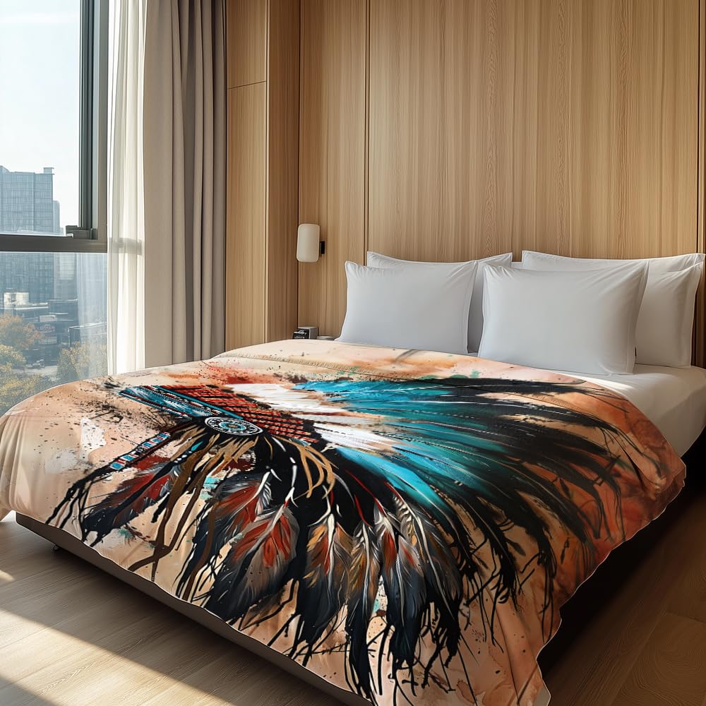 HUNXIAOJ Native American Throw Blanket Indian Print Blanket Indian Feather Headdress Pattern Native American Bedding Warm Soft Flannel for Bed Sofa Couch (50 in x 60 in)