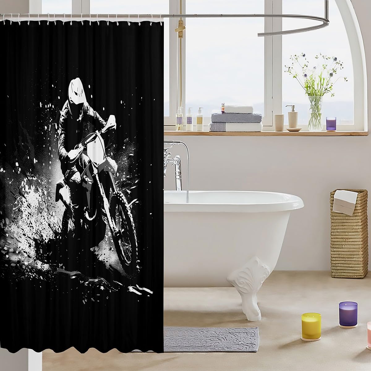 Feelyou Dirt Bike Shower Curtain 72"x72" Extreme Sports Bath Curtain Waterproof Racing Motocross Rider Bathroom Shower Curtain Set for Kids Boys Girls Motorcycle Kids Bathroom Accessories Motorbike