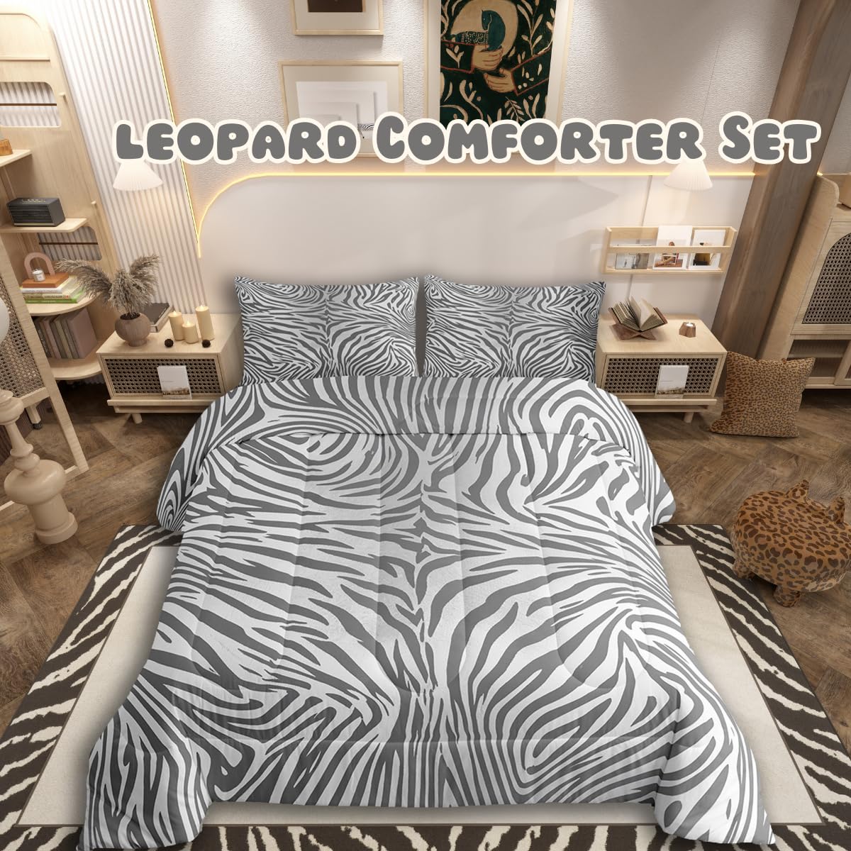 jejeloiu Leopard Bedding Set Soft for Boys Girls, Grey and White Tiger Texture Comforter Set Queen Size Animal Skin Duvet Quilt Cheetah Cowhide Bedroom Decor 3 Pcs with 2 Pillow Cases