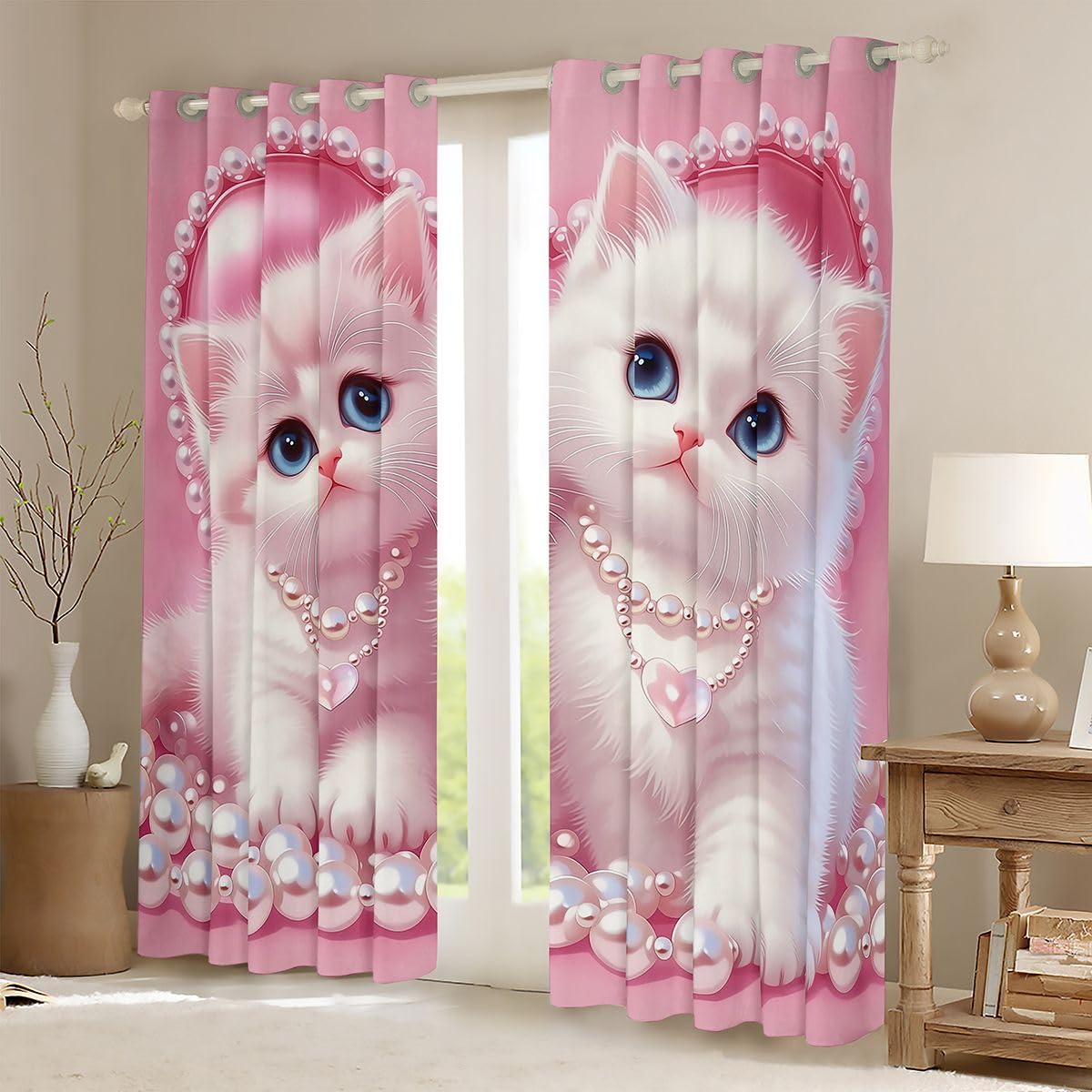 Erosebridal Cute Cats Blackout Curtains 42" Wx63 L, 2 Panels Pearl Kitten Darkening Curtains Kawaii Pet Animals Window Treatments Drapes for Bedroom Girly Pink Love Thermal Insulated Window Drapes