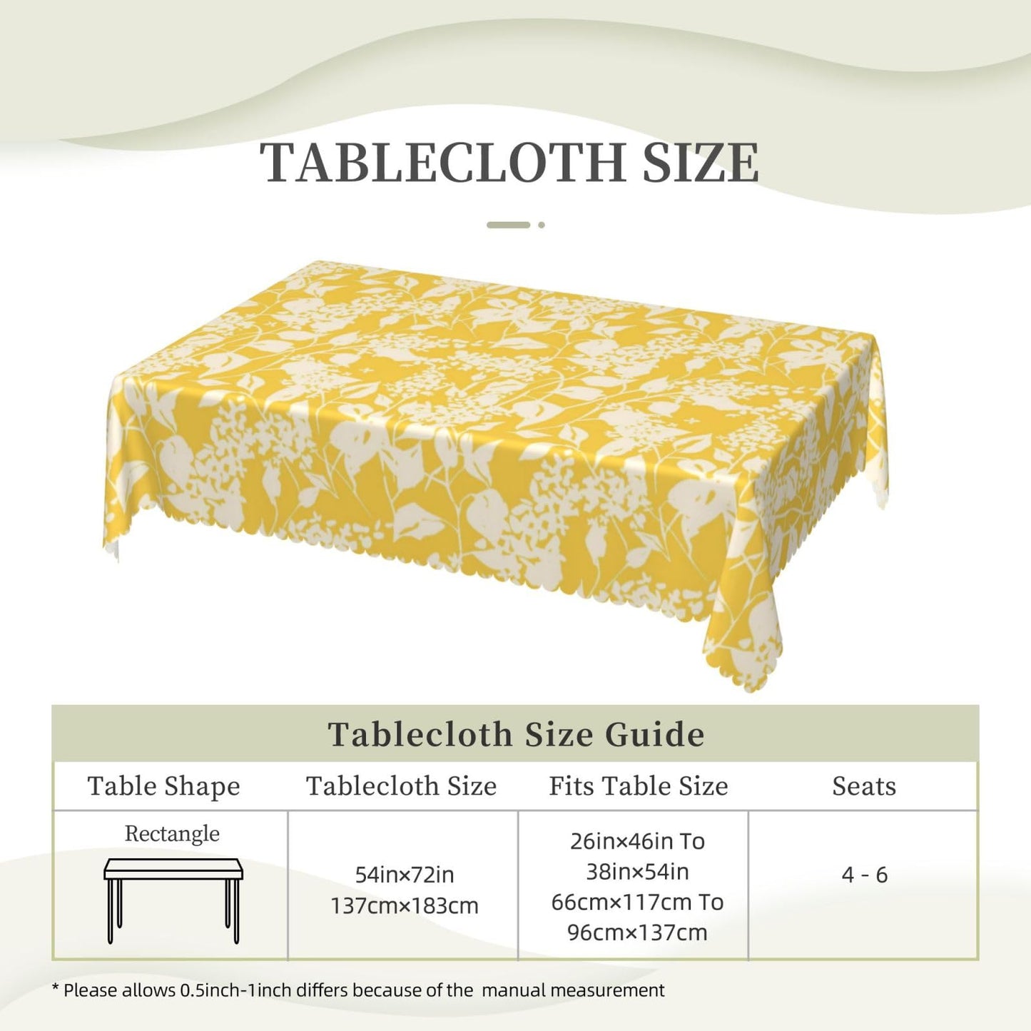 GOUROISE Bright Flowers Blooming Rectangular Tablecloth, Yellow Floral 54x72 Inch Wavy Lace Border Polyester Table Cloth for Dining, Kitchen, Parties