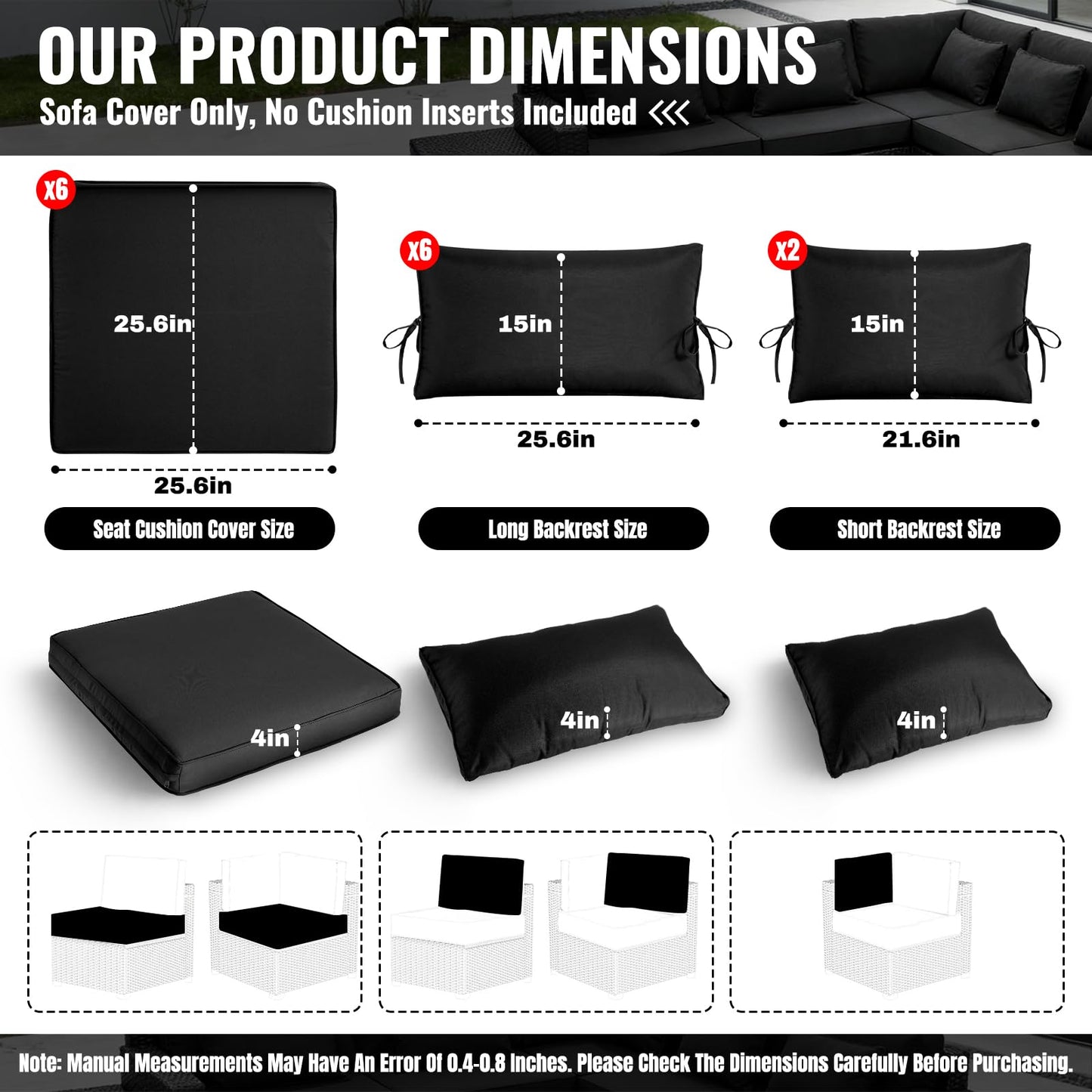 Cabubra 14PCS Outdoor Patio Furniture Cushion Covers, Waterproof & Sun-Resistant Zippered,Fit for Patio Furniture Sectional Sofas and Wicker Rocking Chairs,3 Sizes,Black. Covers Only