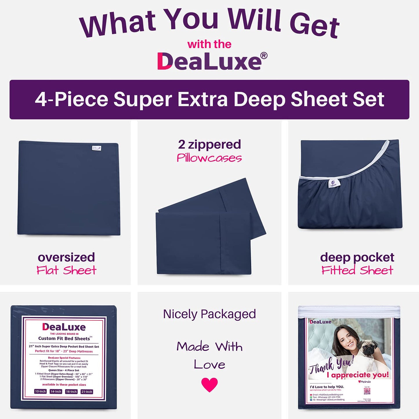 Extra Deep Pocket King Bed-Sheets – 4-Piece Includes: 18”-21” Inch Super Extra Deep Pocket Fitted Sheet – Oversize Flat Sheet – 2 Zipper Closure Pillowcases – Perfectly Fit – King Size – Navy Blue