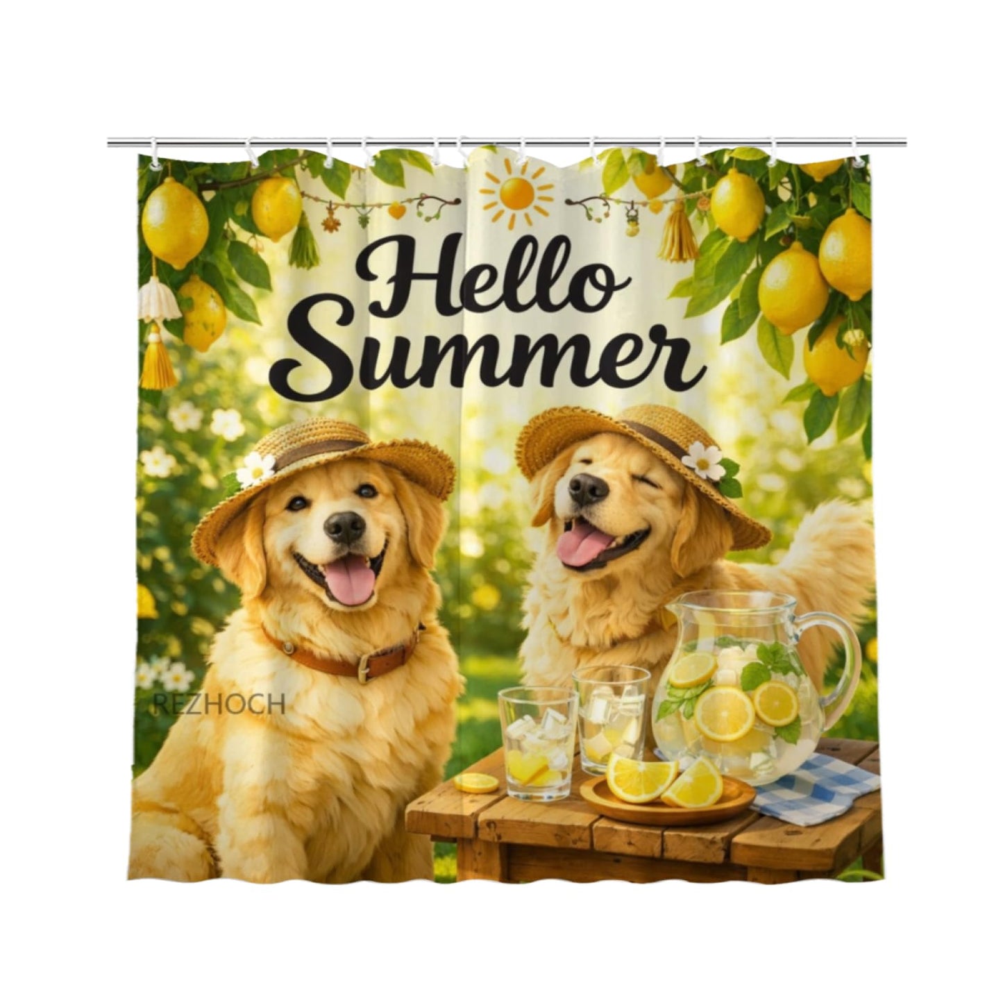 REZHOCH Summer Lemon Fun Golden Retriever Dog Shower Curtain 72x72Inch,Cute Animal Boho Home Bathroom Decor,Yellow Green Farmhouse Woodland Kid Adult Waterproof Fabric Bath Set with Hooks