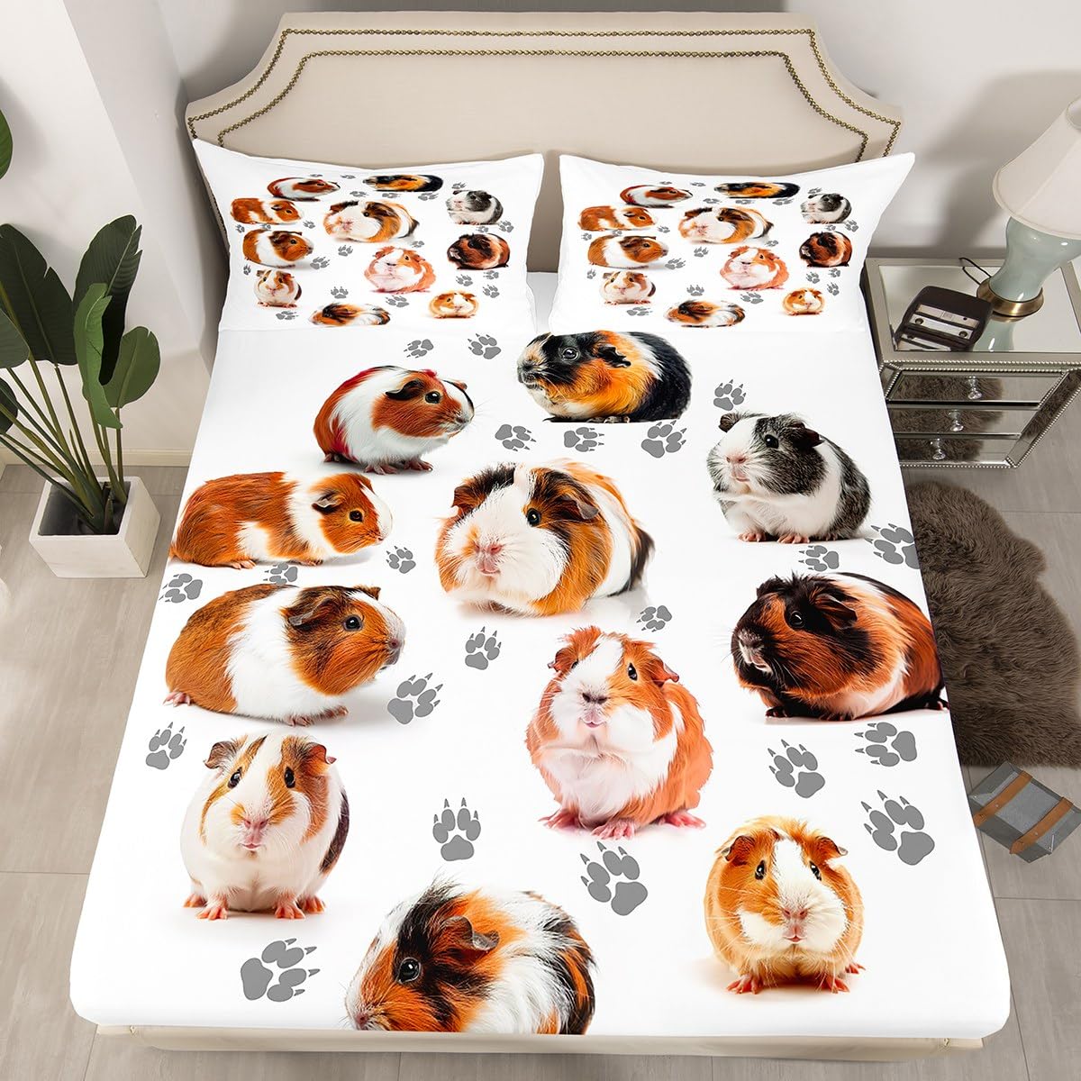 Manfei Guinea Pig Sheet Set Cute Guinea Pig and Footprint Decor Fitted Sheet Cute Animal Bedding Set 2pcs for Kids Soft Polyester Bed Sheets (1 Fitted Sheet + 1 Pillow Case) Twin Size