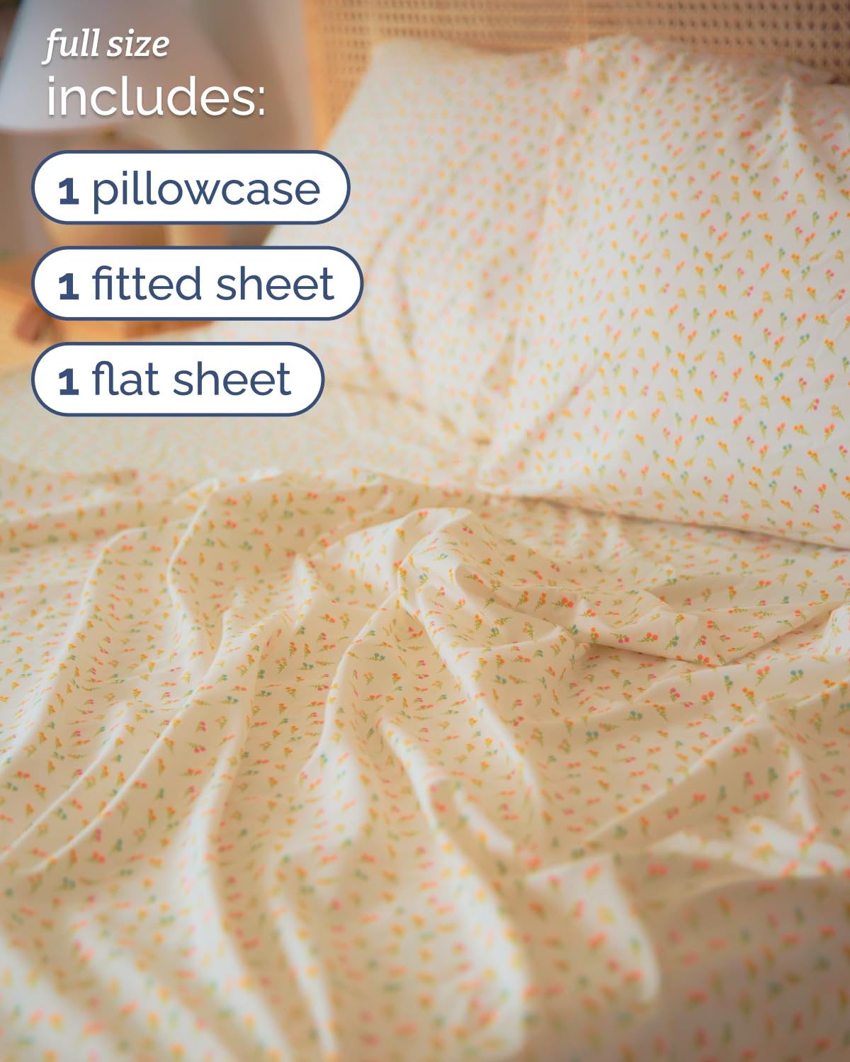 Floral Sheets - Flower Print Bed Sheet Set - 1 Flat, 1 Fitted & 2 Pillowcases w/ Deep Pockets - Comfy, Cozy, Wrinkle & Fade Free - Boho Botanical Bedding - Soft, Breathable & Cooling - Full Size Set