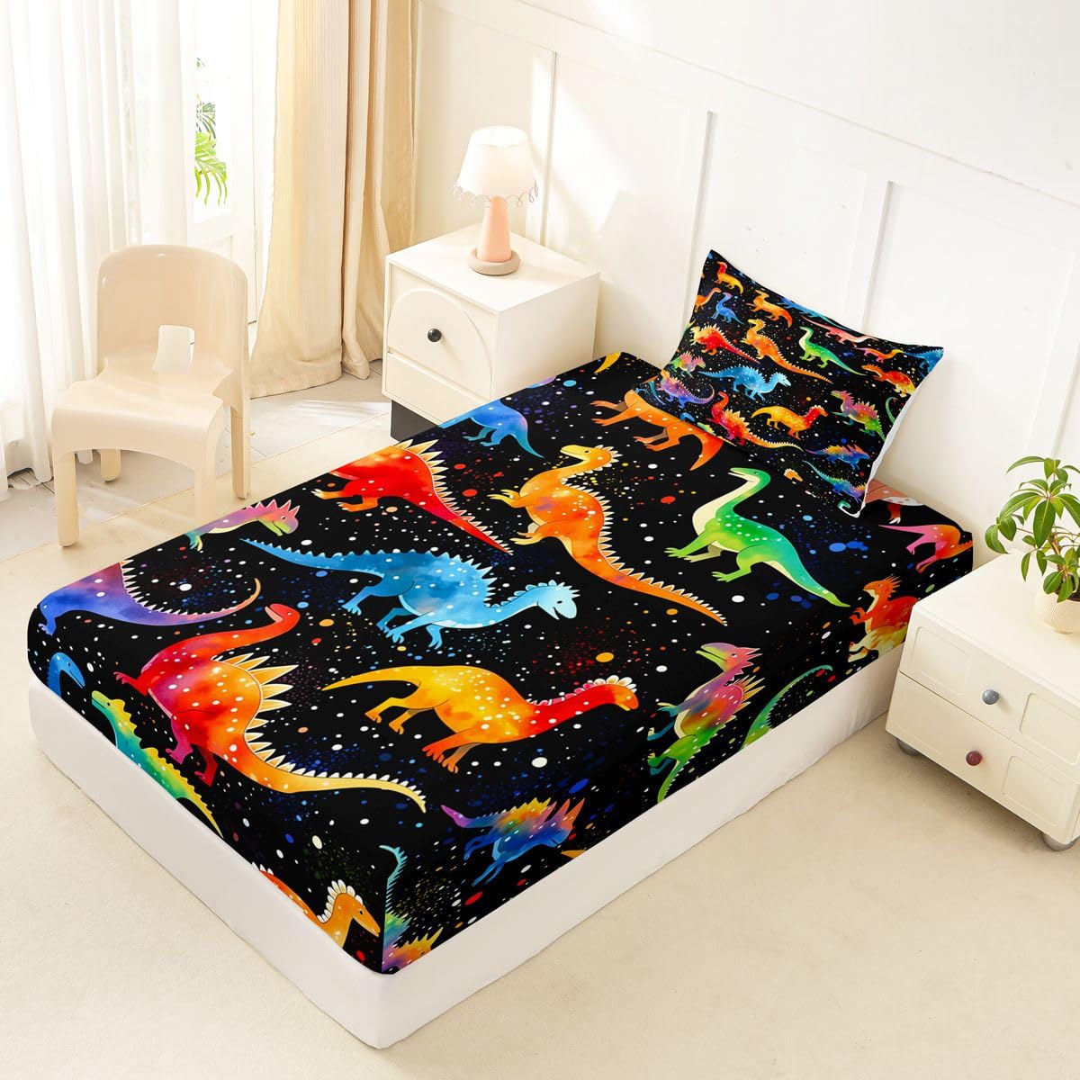Feelyou Dinosaur Bed Sheets Set Twin Size 3D Digital Print Bed Set Jungle Dino Deep Pocket Fitted Sheet Wild Animal Breathable Soft Lightweight Microfiber Orange Blue Red