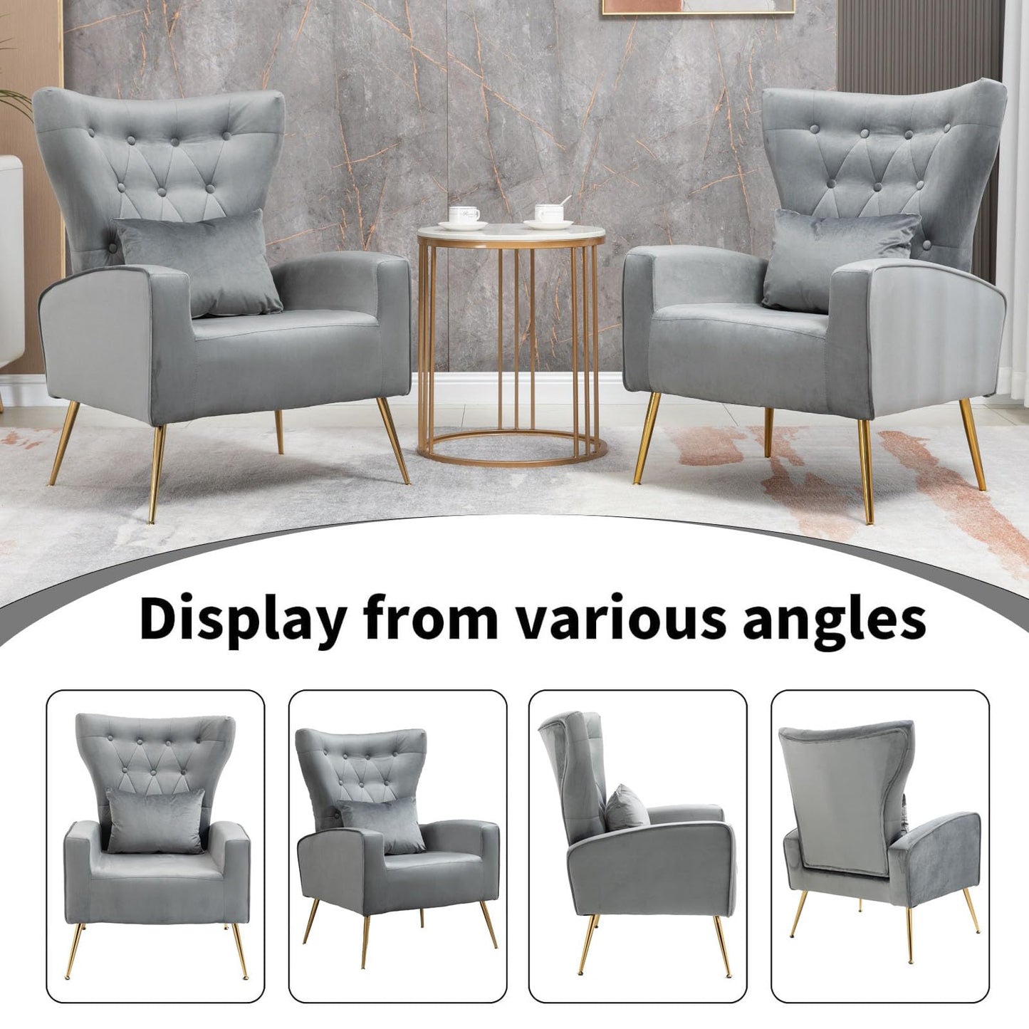 X-VOLSPORT Button-Tufted Velvet Accent Chairs Set of 2, Mid Century Modern Living Room Chair with High Wingback, Upholstered Arm Chair with Metal Gold Legs for Bedroom, Club, Gray