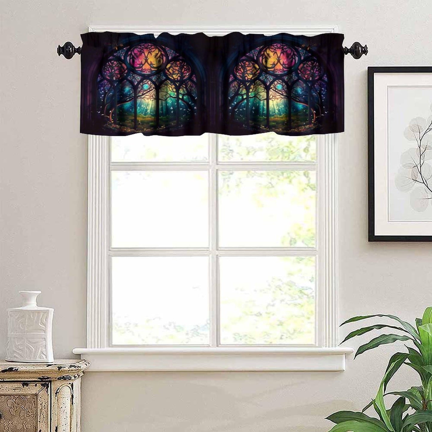 Fantasy Castle Blackout Window Valance Curtain, Arched Door Through Fairy Tale Forest, Colourful Stained Windows Circle Scenery for Home Kitchen Restaurant Decoration Window Valance 1 Panel 54x18inch