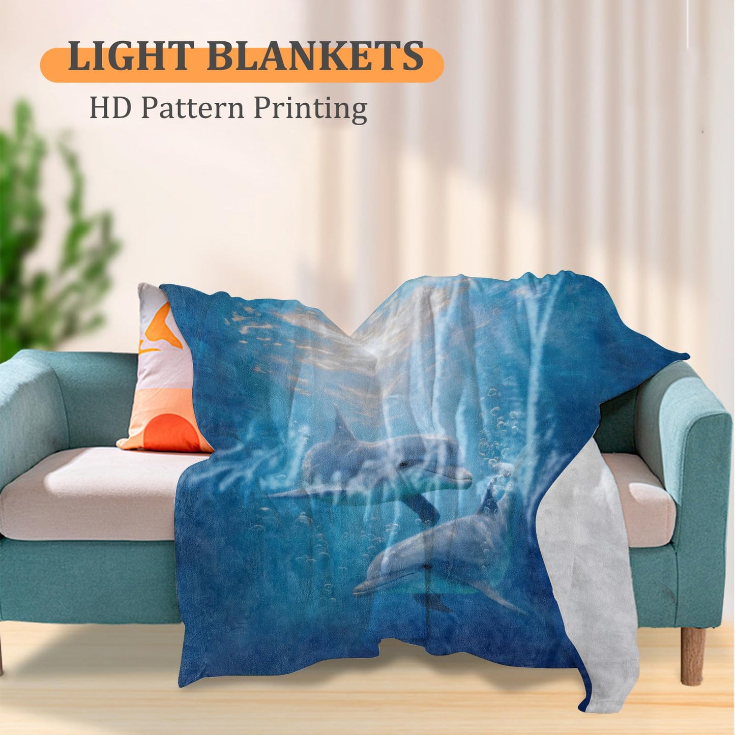 Graceful Dolphin Ocean Blanket, 60 x 50 Inch Flannel Marine Fish Cute Dolphins Throw Blanket, Gifts for Women Girls Boys Adults Kids, Lightweight Cozy Warm Blankets for Sofa Travel Home Decor
