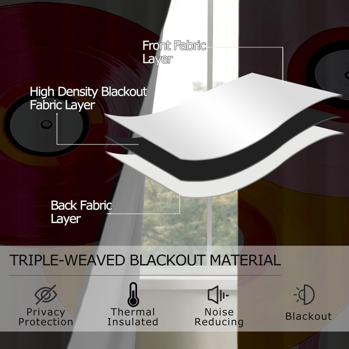 Vinyl Record Curtains Blackout, Retro Music Records Music Theme Patterned Curtains 54 Inch Length 2 Panels Set, Room Darkening Thermal Insulated Grommet Drapes for Bedroom Living Room