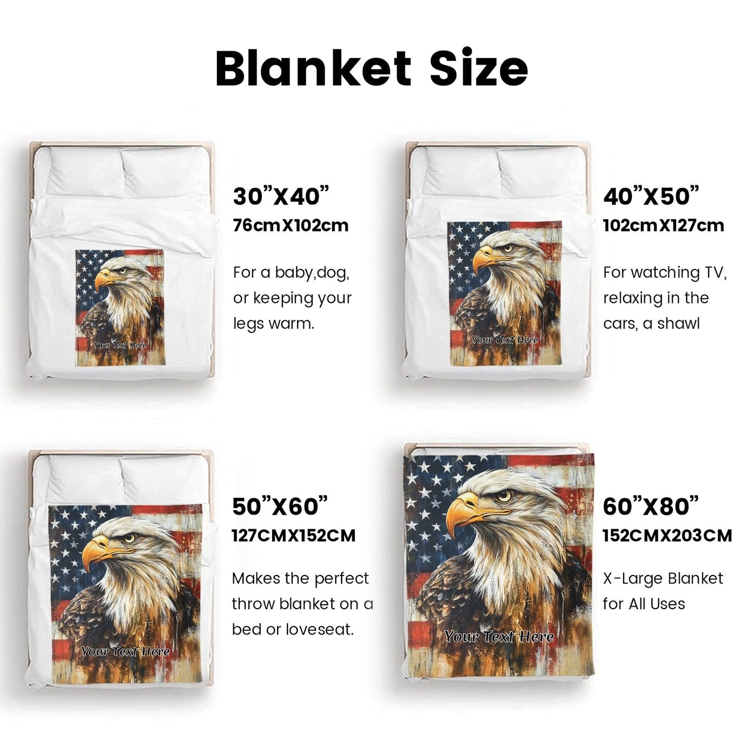 CUSFOU Eagle with America Flag Blanket, Personalized Blanket with Name for Sofa Couch, Independence Day, 4th of July Gifts, 30"x40"