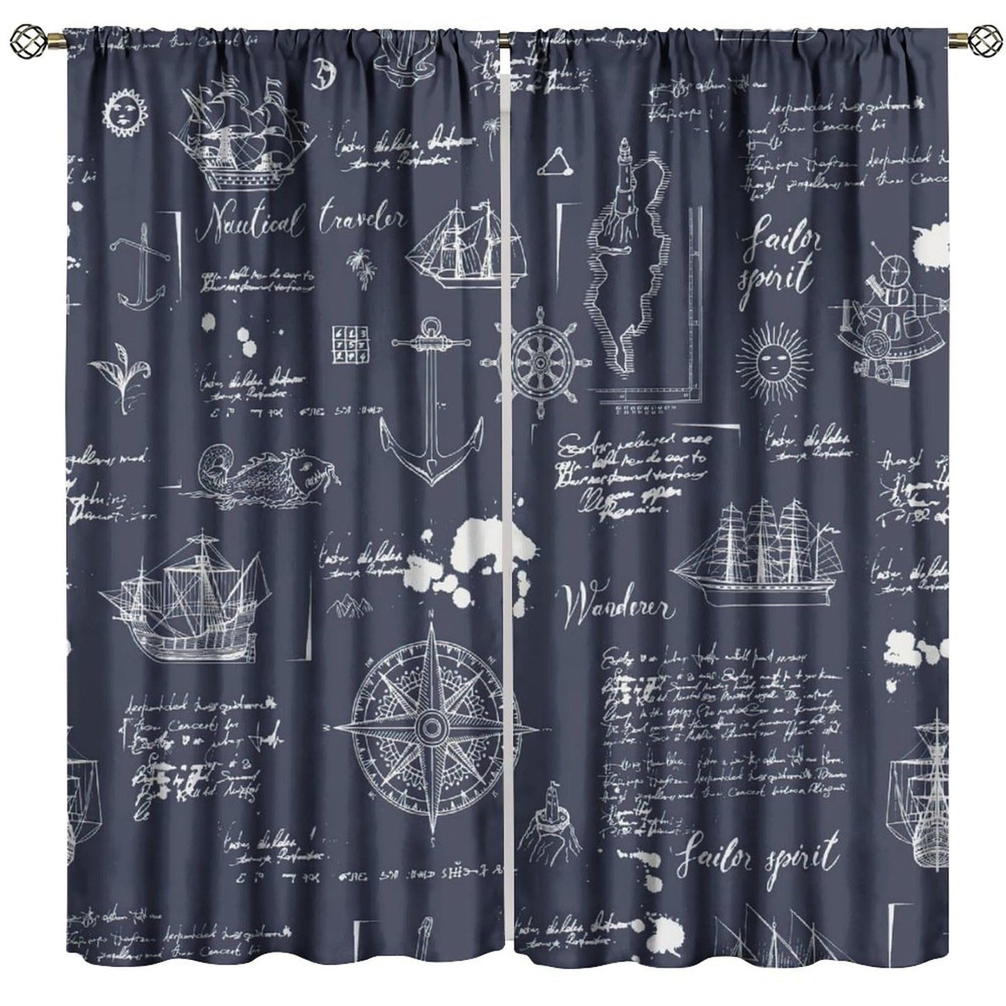 Nautical Sailboat Curtains, Rustic Hand Painted Compass Anchor Window Drapes, for Living Room Bedroom 42" W X 45" L (Decorative)