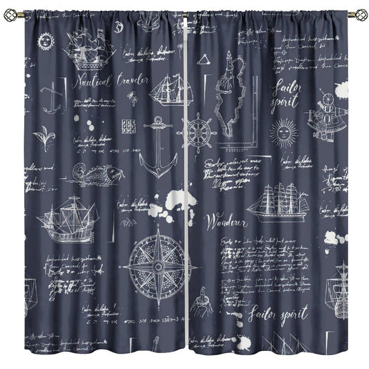 Nautical Sailboat Curtains, Rustic Hand Painted Compass Anchor Window Drapes, for Living Room Bedroom 42" W X 45" L (Decorative)