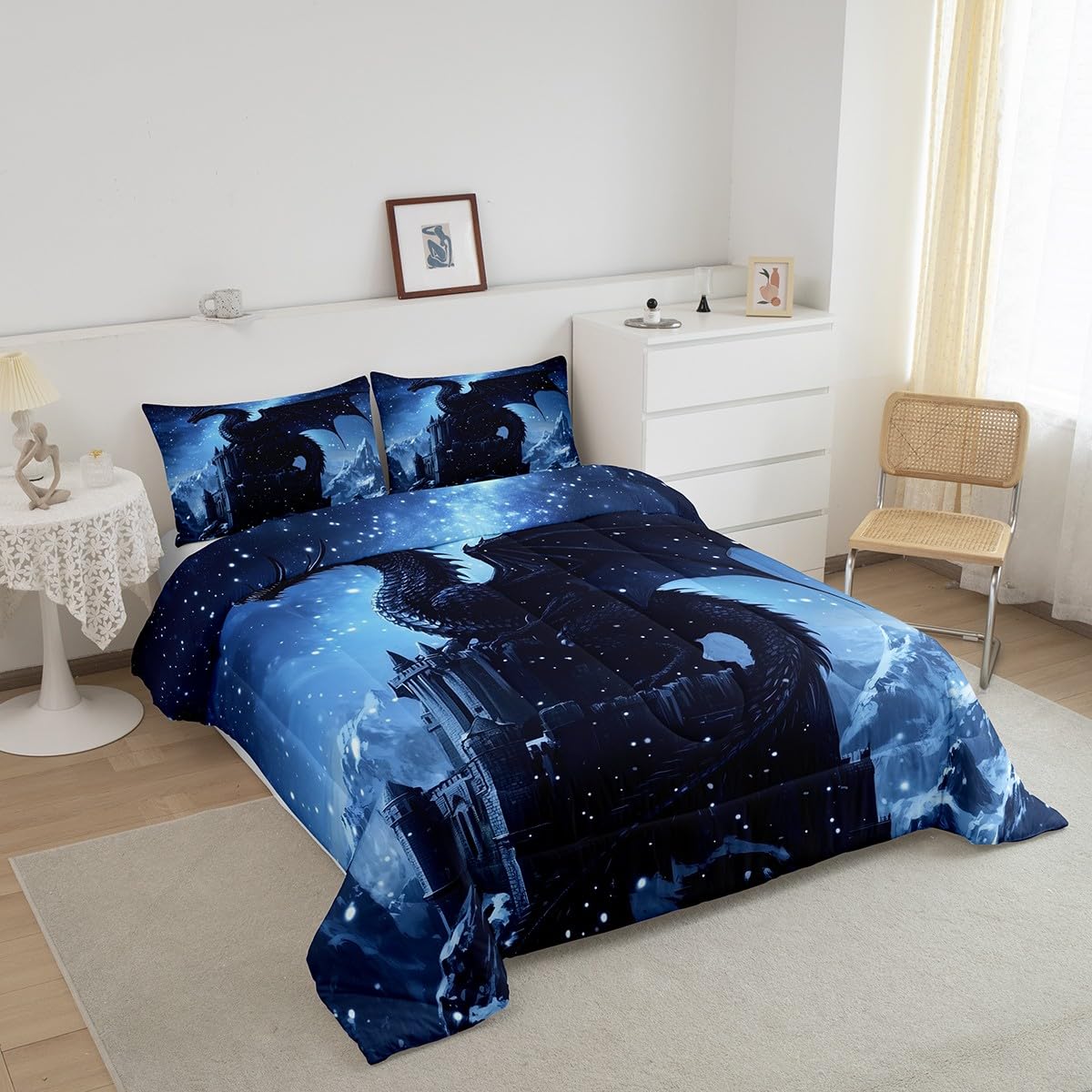 Mystery Dragon Kids Comforter Sets Toddler Size,Exotic Wildlife Castle Animals Bedding Comforter Sets,Winter Animals Heavy Snow Quilt Sets,Natural Snow Mountain Duvet Insert with 1 Pillowcase