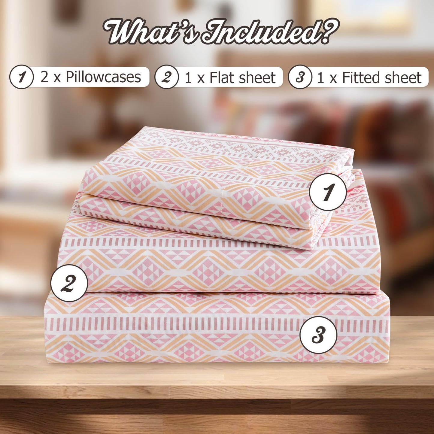 CozySmile Boho Sheet 4 Pieces Queen Sheet Set Bohemian, Boho Sheets Soft Microfiber Deep Pocket, Western Sheets Geometric(Queen, Pastel Pink Geometric)