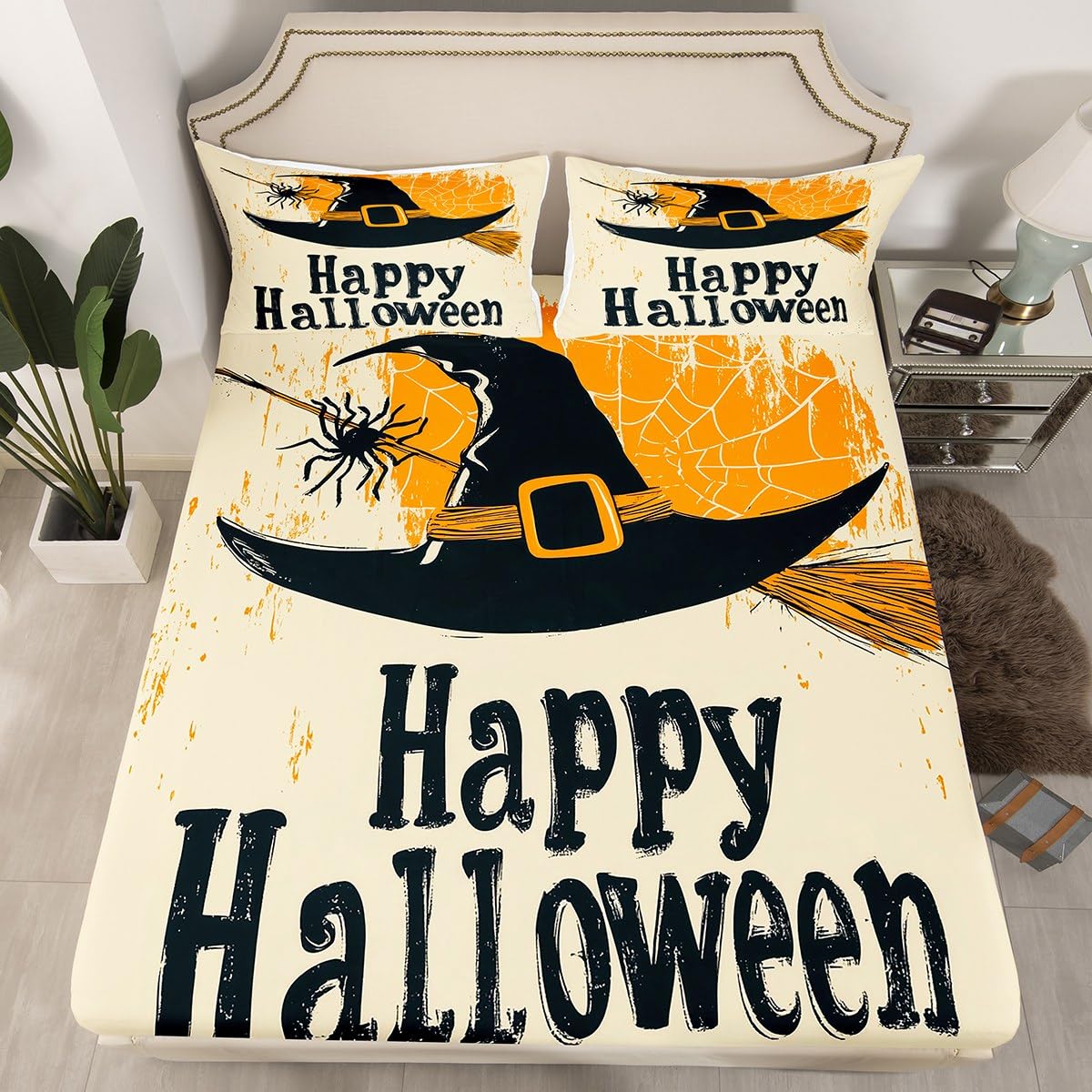 Feelyou Kids Happy Halloween Bedding Set Full Size, Witch Bed Sheets Set Boys Girls Spider Web Sheet Set Horror Decor Teens Bedroom Decor 4Pcs