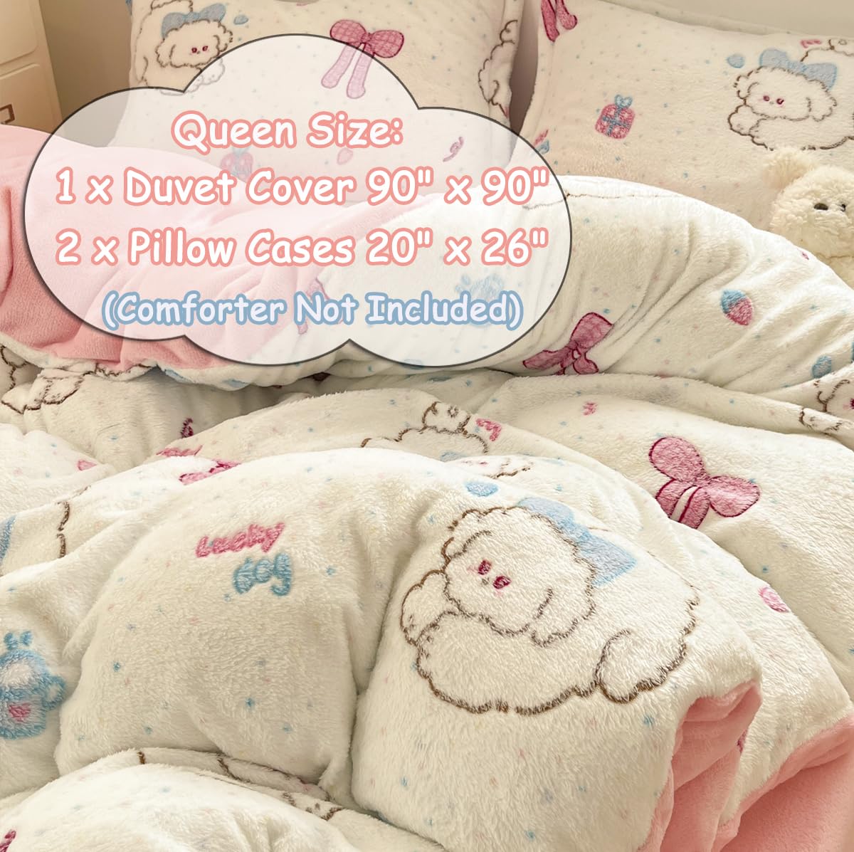 LMONMOO Pink Duvet Cover Queen, Puppy Kawaii Bedding Sets, Ultra Soft Cute Dogs Fluffy Comforter Covers Set for Girls Kids Women Teen (Puppy, Queen)