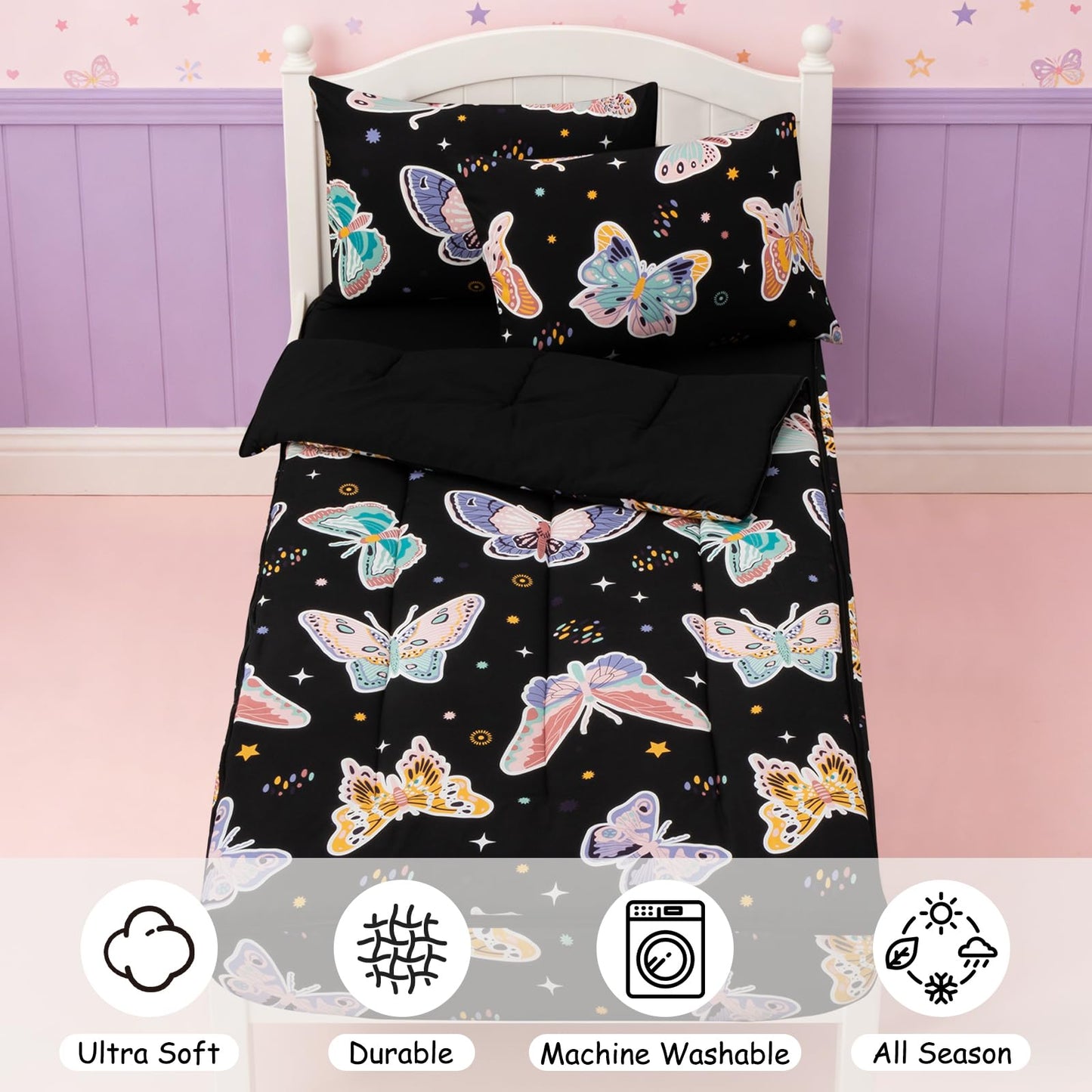Meeting Story Glow in the Dark Girl Twin Butterfly Bedding Sets Zipper Bedding, 3 Pcs Zip Up Comforter Bed in a Bag with Fitted Sheet and 2 Pcs Pillowcases(Blackpurple,Twin)