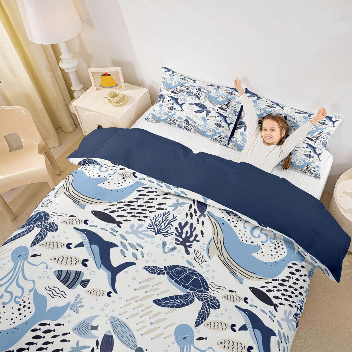 Erosebridal Turtle Bedding Sets King White Blue Whale Decor Teen Duvet Cover Set,Octopus Pattern Ocean Theme Comforter Cover Set Underwater Children Comforter Cover for Adult Kids Girls Boys