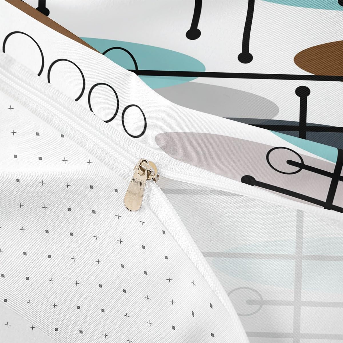 Erosebridal Mid Century Duvet Cover King Modern Minimalist Bedding Set, Hippie Old Fashion Comforter Cover Abstract Artwork Bed Set, Aesthetic Lines Circles Bedding Teal White Grey (Zipper Closure)