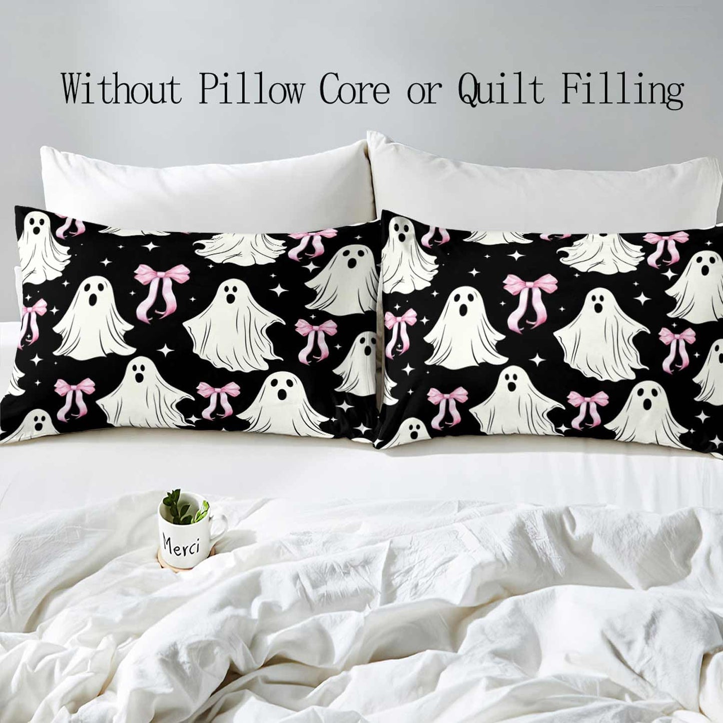 LUVIVIHOME 3PCS Pink Bow Cute Ghost Duvet Cover Queen Bedding Sets, Black Duvet Cover, Teen Girl Bedding, Spooky Halloween Comforter Cover, Coquette Room Decor Aesthetic, Bed in a Bag, 2 Pillow Cases