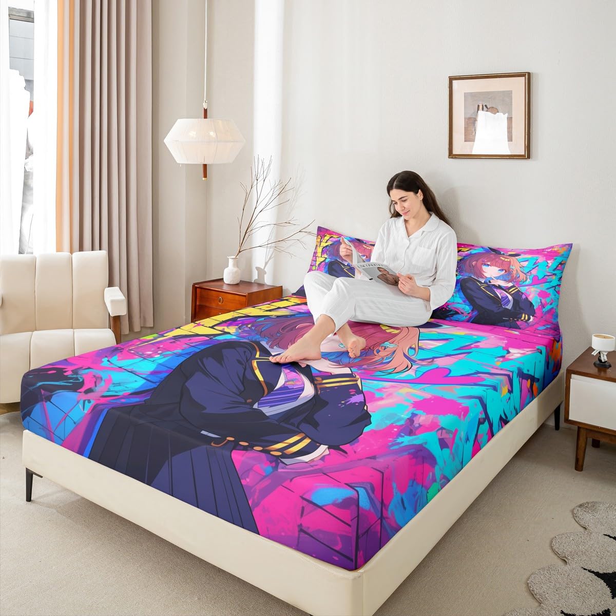 Erosebridal Girls Japanese Anime Bedding Set Full, Kawaii Anime Girl Fitted Sheet Cartoon Girl Bed Sheets for Kids Teens Adult, Japanese Animation Sci Fi Style Sheets, 2 Pillow Cases