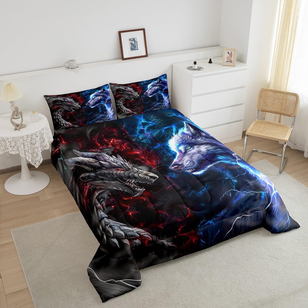 Manfei 3D Dragon Kids Comforter Set Twin Size,Western Dragon Wild Wolf Jungle Animal Hunting Bedding Set,Boys Men Room Decor,Red Blue Lightning Down Comforter,Blue Grey Duvet Insert,1 Pillowcase