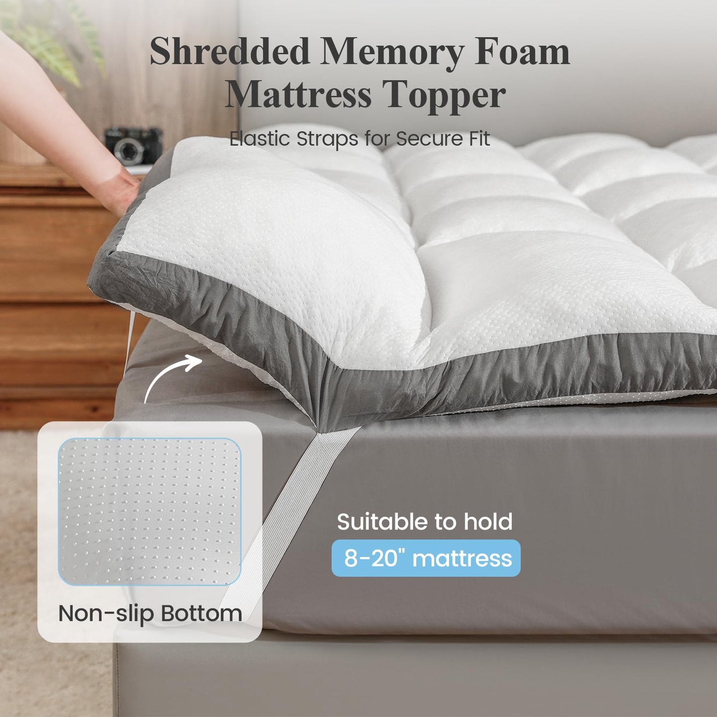 Rainmr Memory Foam Mattress Topper Twin - 2000GSM Pillow Top Mattress Topper Twin Size, Extra Thick Soft Bed Topper for Dorm & Back Pain Relief, White, Oeko-TEX Certified