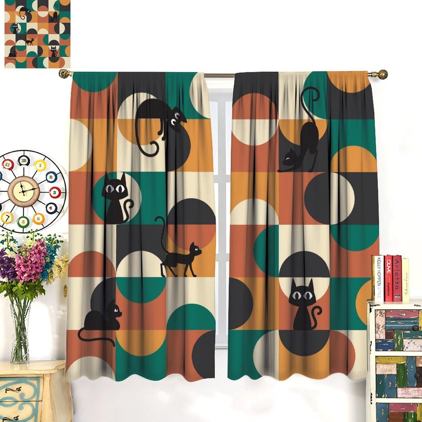 ICMOLYYENLO Mid Century Black Cat Curtains - Modern Abstract Geometric Pattern - Retro Living Room & Kitchen Decor - Blackout 42x45 Inches 2 Panels